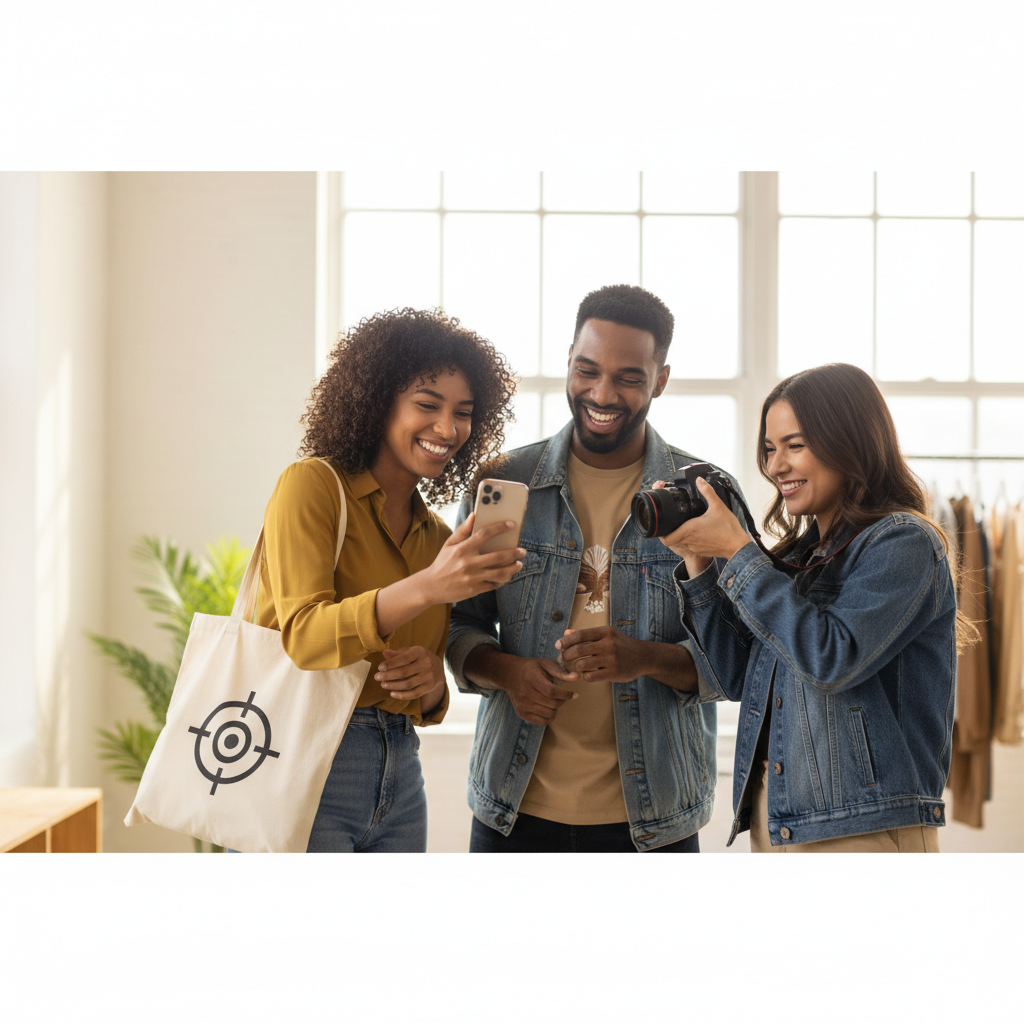 Grupo diverso de microinfluencers sonriendo, sosteniendo teléfonos, colaborando con productos de marca. Grupo diverso de microinfluencers sonriendo, sosteniendo teléfonos, colaborando con productos de marca.