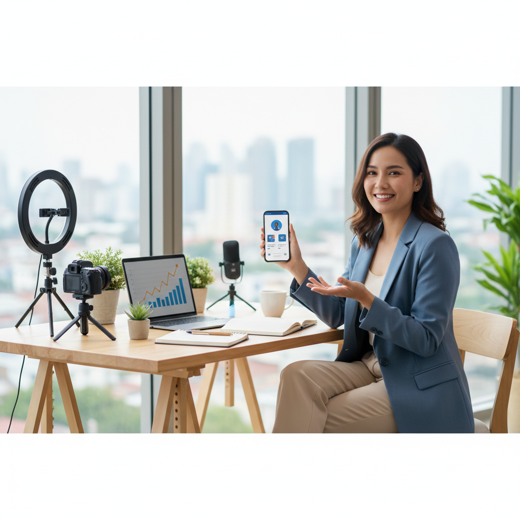 Creator using a smartphone, professionally lit studio background implying a stable income. Creator using a smartphone, professionally lit studio background implying a stable income.